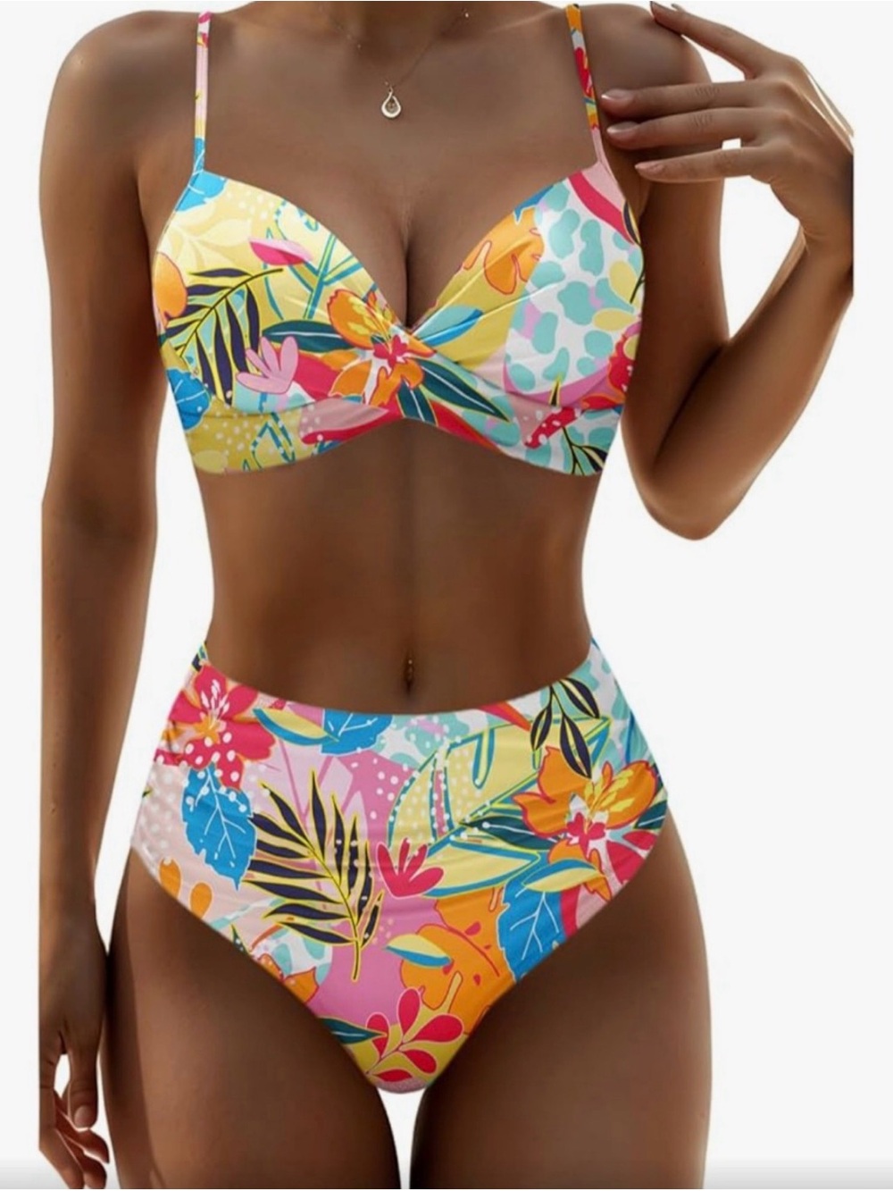Tropical Floral High-Waist Bikini Set - Pink Multi